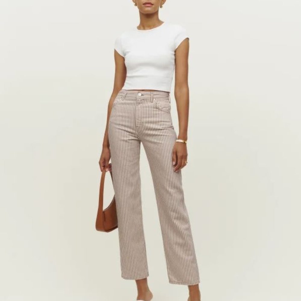 NWT Reformation Sz 25 Women's Beige Cowboy Striped High Rise Straight Jeans